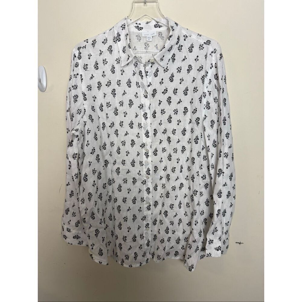 J.Jill Love Linen White Black Floral Button Front 100% Linen Shirt Size Large Cl